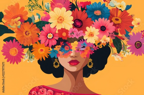 Colorful illustration of a Latina woman celebrating Women's Day with traditional colorful flowers covering her face and wearing gold earrings photo