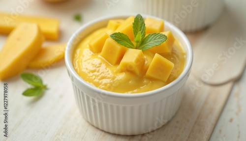 Mango mousse dessert, creamy and smooth, topped with mango cubes and mint, served in a white ramekin, copy space