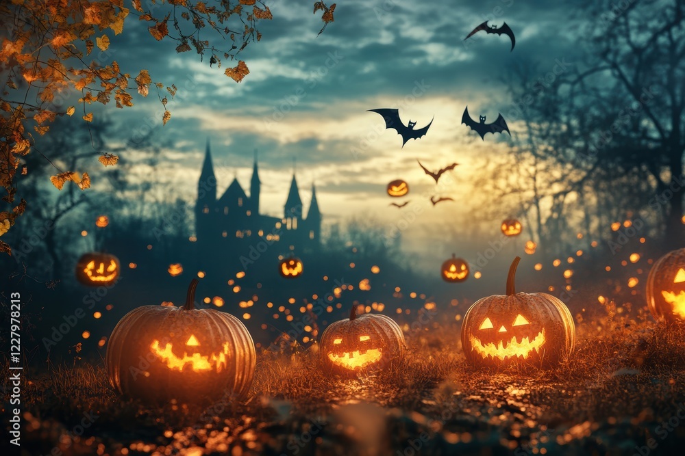 Spooky Halloween Night with Glowing Jack-o’-Lanterns, Full Moon, and Autumn Leaves in an Eerie Enchanted Forest Pathway Spooky Halloween Night with Glowing Jack-o’-Lanterns, Full Moon, and Autumn Leaves in an Eerie Enchanted Forest Pathway