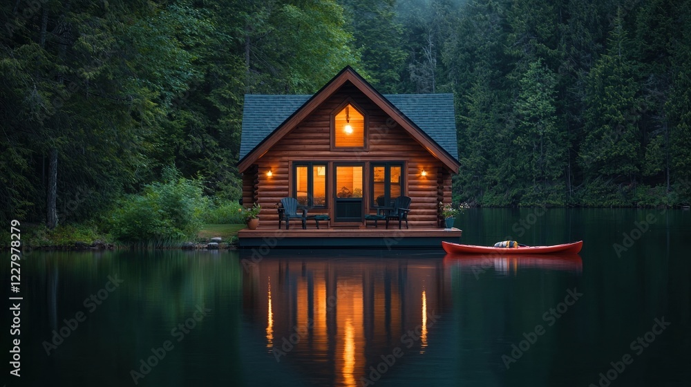 Obraz premium A tranquil wooden cabin sits on the edge of a serene lake, surrounded by lush trees. Its warm lights reflect beautifully on the water, creating a peaceful and inviting atmosphere.