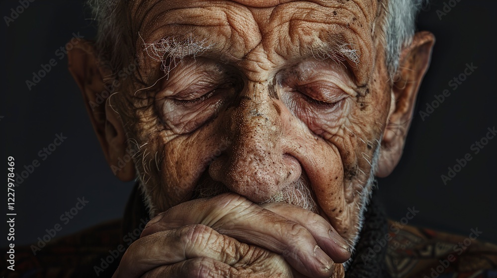 An Elderly man with a sorrowful expression eyes closed