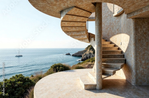 Spiral staircase winds upward, providing breathtaking views of the ocean and a sailboat on a clear sunny day photo