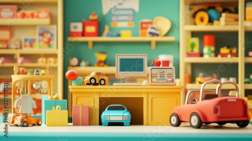 Cartoon set of toy shop furniture isolated on white background. Vector illustration of shelf with rockets, boxes with gifts for children, computer on cash desk, store signboard, car trolley for kids