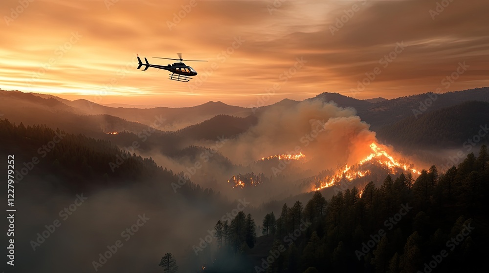 Fototapeta premium Helicopter hovers over a forest fire at dusk, battling flames that rage through trees under an orange sky filled with smoke.