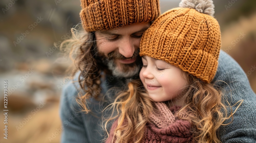 A Father and his young daughter both wearing knit A Father and his young daughter both wearing knit