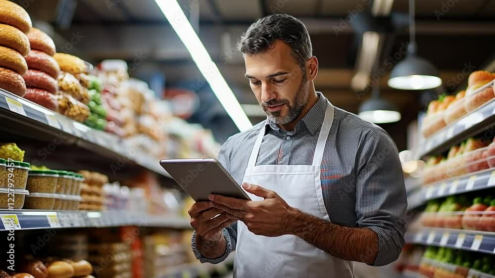 Grocery Store Employee Managing Inventory with Tablet in Aisle Grocery Store Employee Managing Inventory with Tablet in Aisle