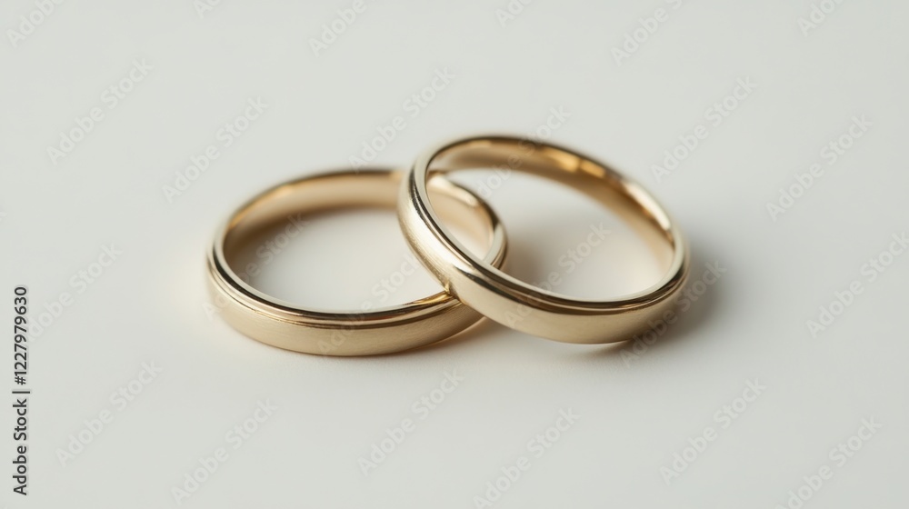 Two gold wedding bands lying close together on a white background. Two gold wedding bands lying close together on a white background.