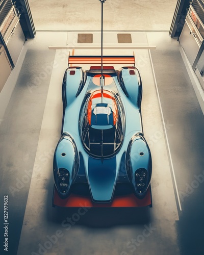 Une vue d'ensemble d'une voiture de course d'endurance bleu et rouge, garée dans un garage ouvert. photo