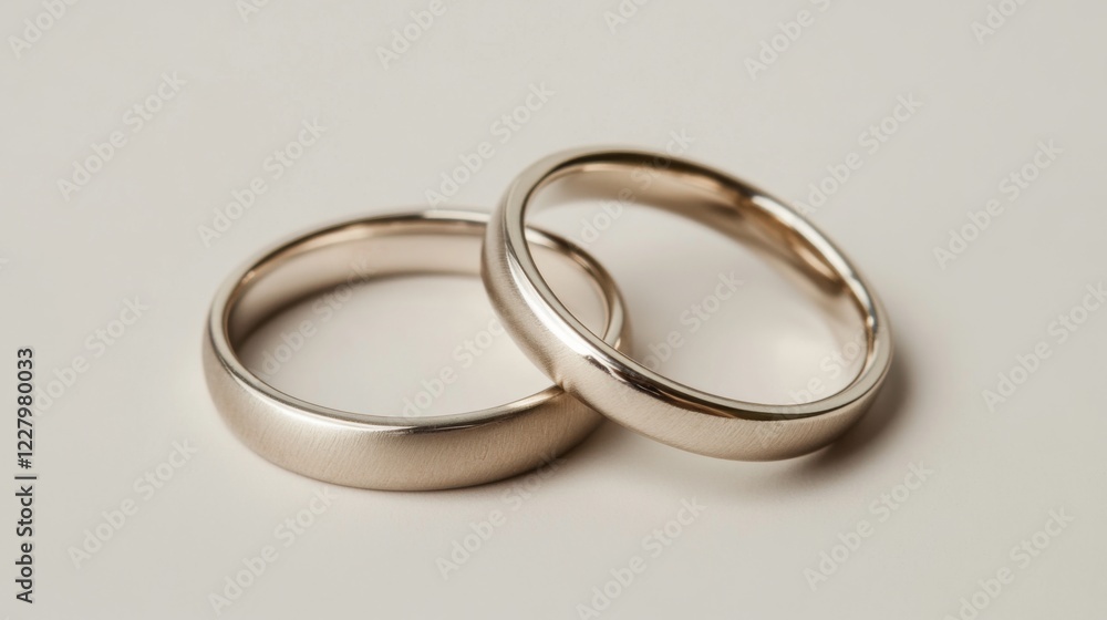 Two simple, elegant wedding bands in gold, laying on a neutral background. Two simple, elegant wedding bands in gold, laying on a neutral background.
