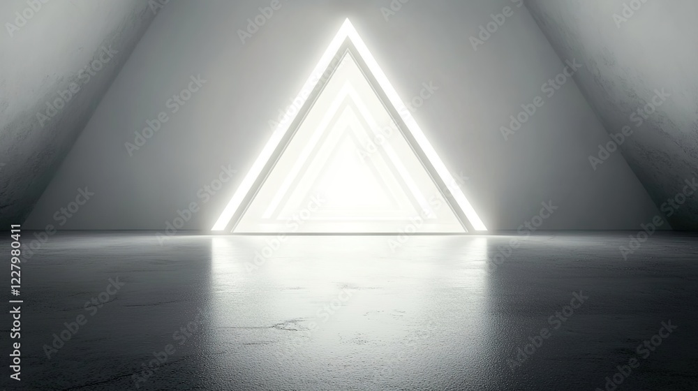 Obraz premium A white triangle in the center of an empty room with symmetrical lines and bright lighting, creating a futuristic minimalist background. 