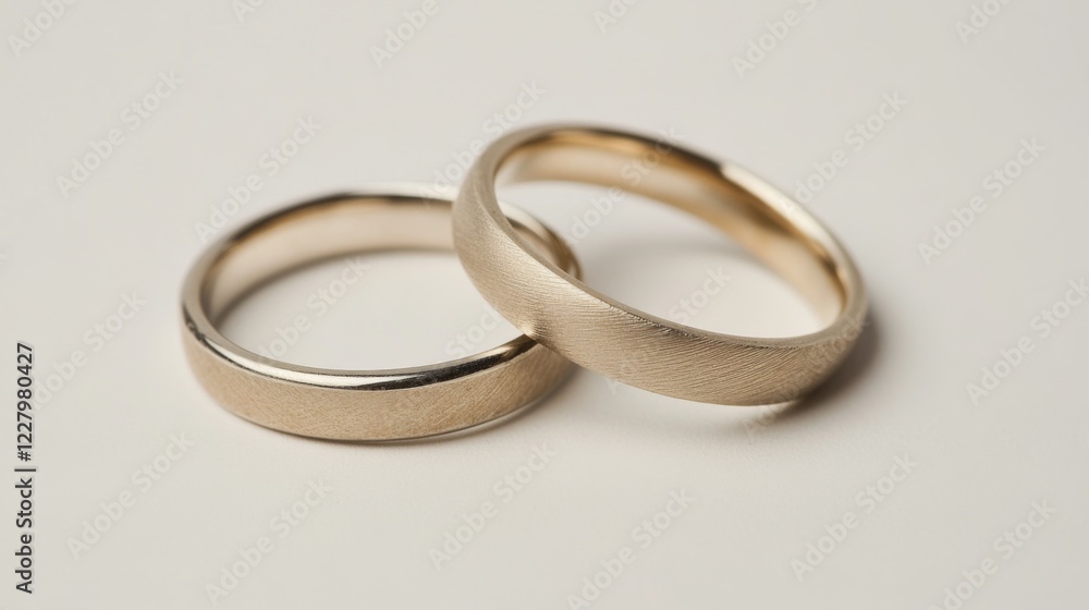 Two simple gold wedding bands, subtly textured, lie intertwined on a white background. Two simple gold wedding bands, subtly textured, lie intertwined on a white background.