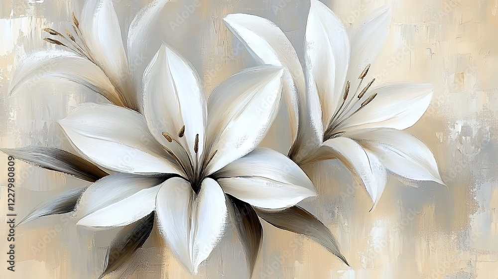 Fototapeta premium Abstract white flowers painting, on a beige background. The painting depicts white lilies with a beige and grey color palette, featuring visible brush strokes in oil paint