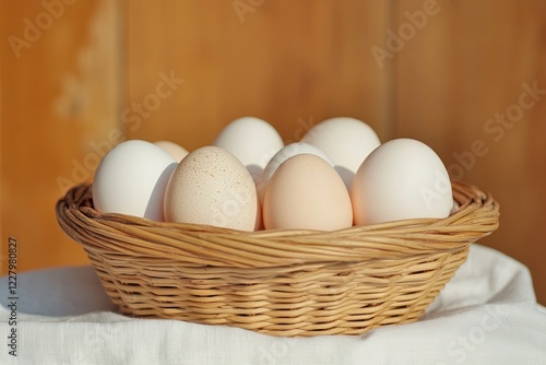 Wallpaper Mural detailed view of wicker basket filled with fresh farm eggs placed on linen cloth with rustic wood backdrop Torontodigital.ca