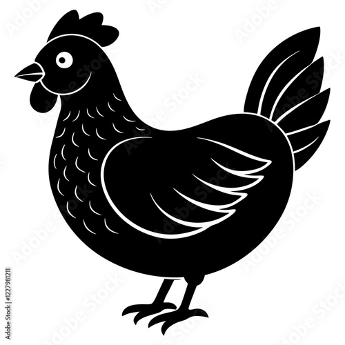 Cute Chicken Line Art Silhouette Black Vector Carton Illustration