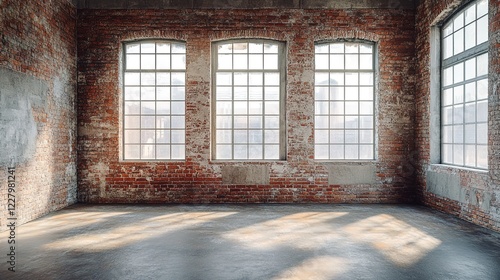  Empty industrial room with brick walls and large windows  3D rendering illustration