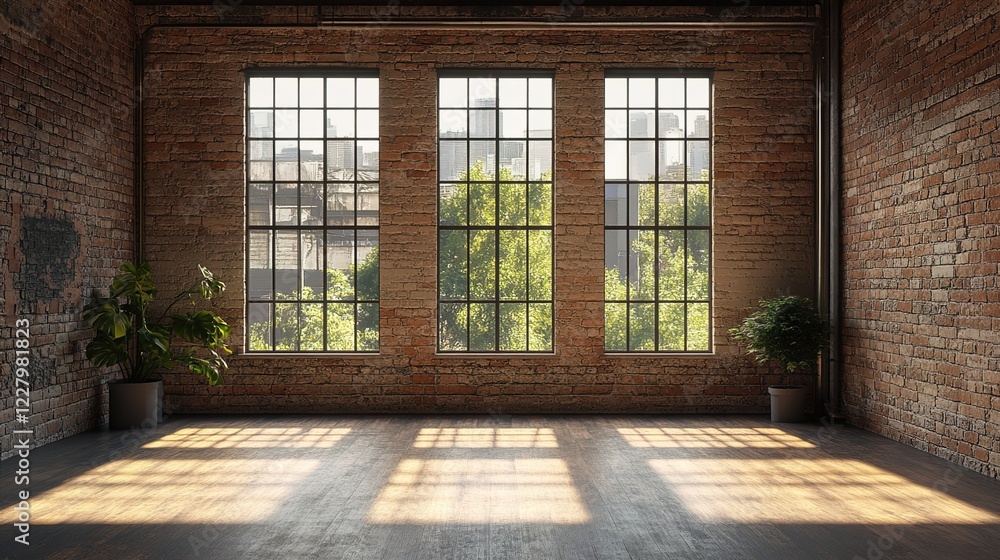Empty industrial room with brick walls and large windows, 3D rendering illustration Empty industrial room with brick walls and large windows, 3D rendering illustration