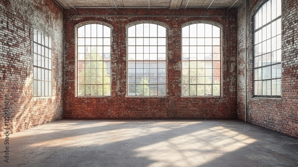 Empty industrial room with brick walls and large windows, 3D rendering illustration Empty industrial room with brick walls and large windows, 3D rendering illustration