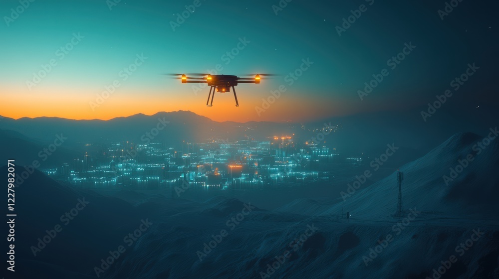 Naklejka premium A drone is flying over a city at night