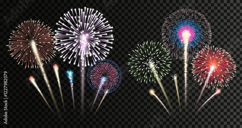 Two groups of realistic fireworks celebration isolated on transparent background. Vector
