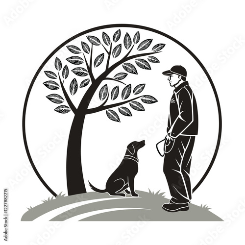 Dog traning logo with a man dental & tree combaind