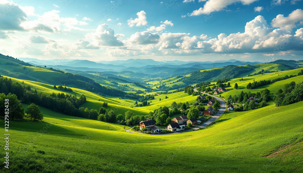 Obraz premium Rolling green hills, a winding road, and a quaint village under a partly cloudy sky capture the serene beauty of rural harmony.