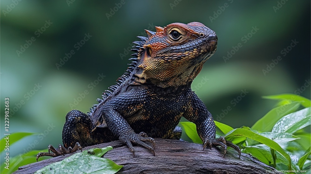 Obraz premium Tropical lizard, perched on branch, lush forest background. Possible use Nature photography