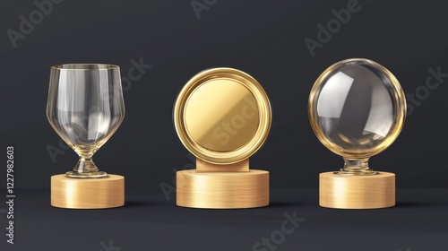 Glass trophy with laurel on wood stand with golden plate. Realistic vector set of transparent plexiglass crystal award on wooden base. Mockup of blank glossy acrylic winner prize cup on pedestal. photo