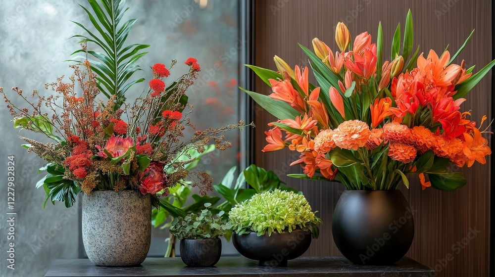 Fototapeta premium Vibrant floral arrangements in ceramic pots enhancing interior decor in modern setting