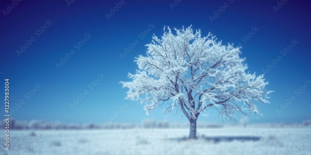 a frozen tree alone in a field against a clear blue sky. a frozen tree alone in a field against a clear blue sky.