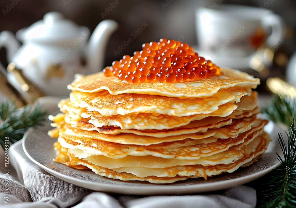 Delicious Blini with Caviar are stacked on a gray plate in close-up, with a teapot and tea cup in the background out of focus. Food shooting, food blog. Delicious Blini with Caviar are stacked on a gray plate in close-up, with a teapot and tea cup in the background out of focus. Food shooting, food blog.