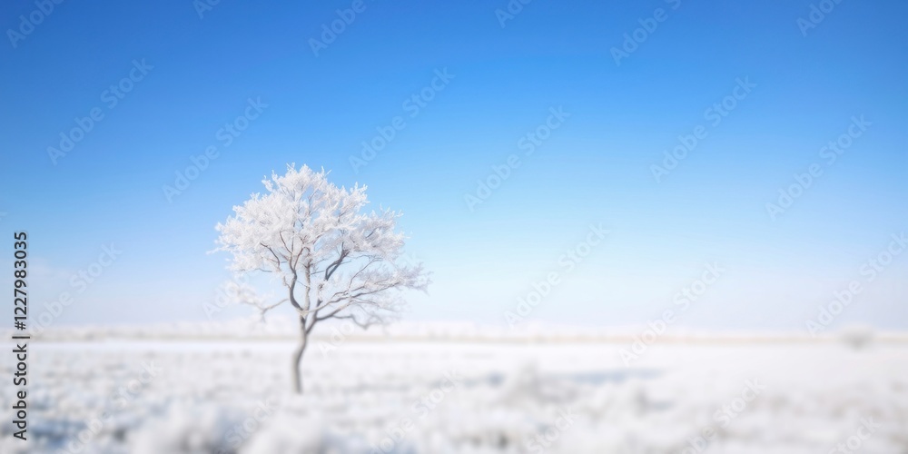 a frozen tree alone in a field against a clear blue sky. a frozen tree alone in a field against a clear blue sky.