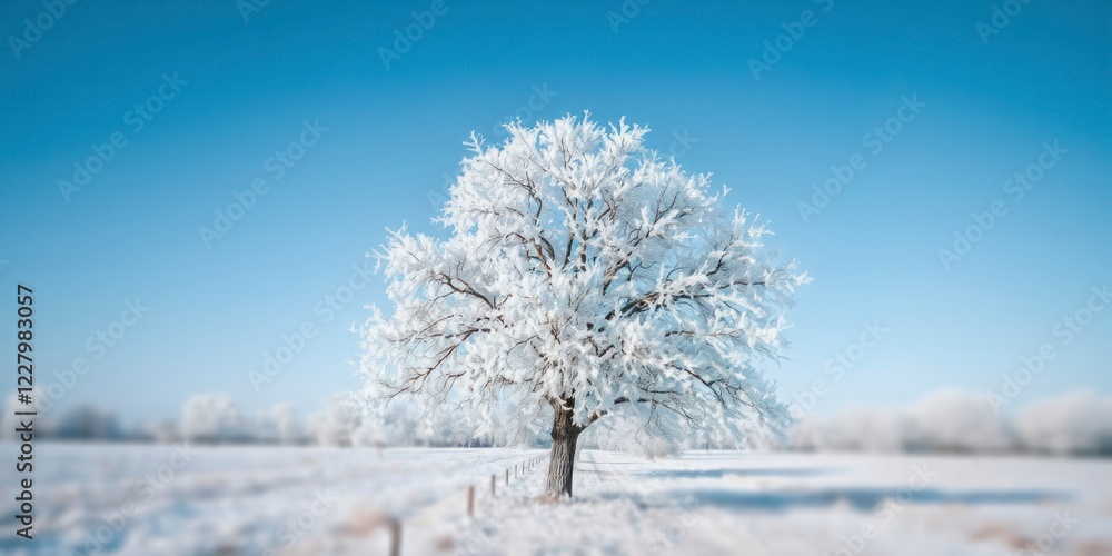 a frozen tree alone in a field against a clear blue sky. a frozen tree alone in a field against a clear blue sky.