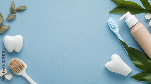 Bright blue background showcases dental care essentials like toothpaste, mouthwash, and toothbrushes arranged elegantly photo