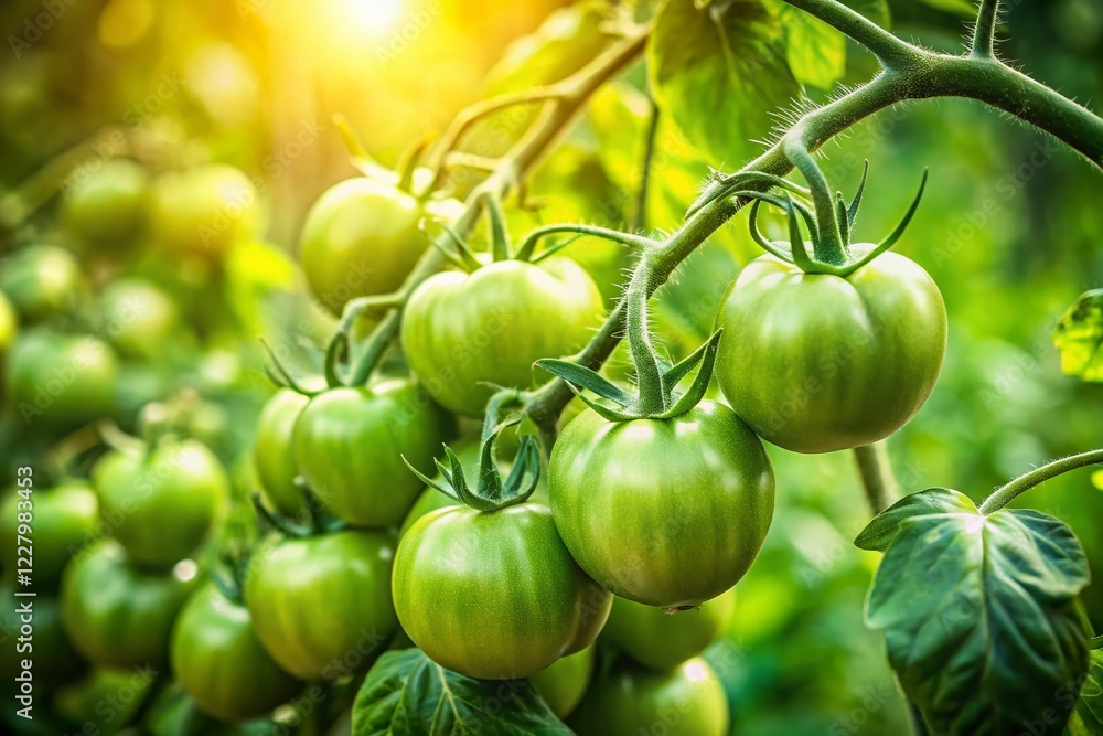 Lush Garden: Unripe Green Tomatoes on Vine - Organic Growth & Potential Lush Garden: Unripe Green Tomatoes on Vine - Organic Growth & Potential