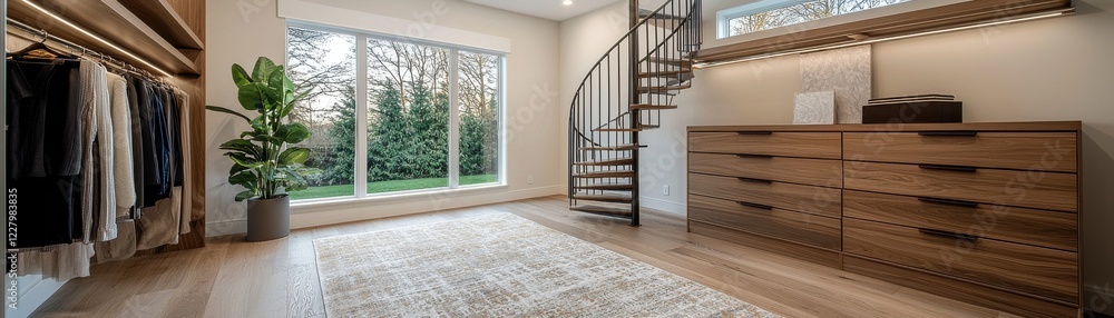 Fototapeta premium Modern interior design with a stylish staircase and natural light.