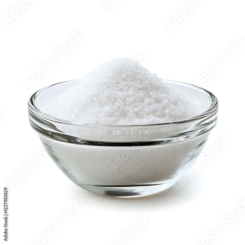 Fine ground salt in a glass bowl isolated on white background. Top view.