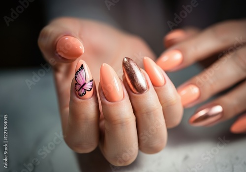 Elegant manicure featuring peach nails with a butterfly design and metallic accents photo