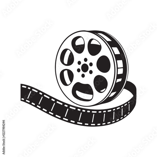 Vintage film reel, black and white illustration, movie strip, cinematic icon, retro cinema symbol 