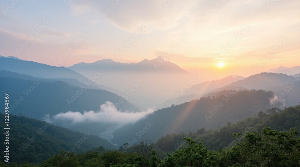 Majestic Sunrise Mountain Landscape with Mist Majestic Sunrise Mountain Landscape with Mist