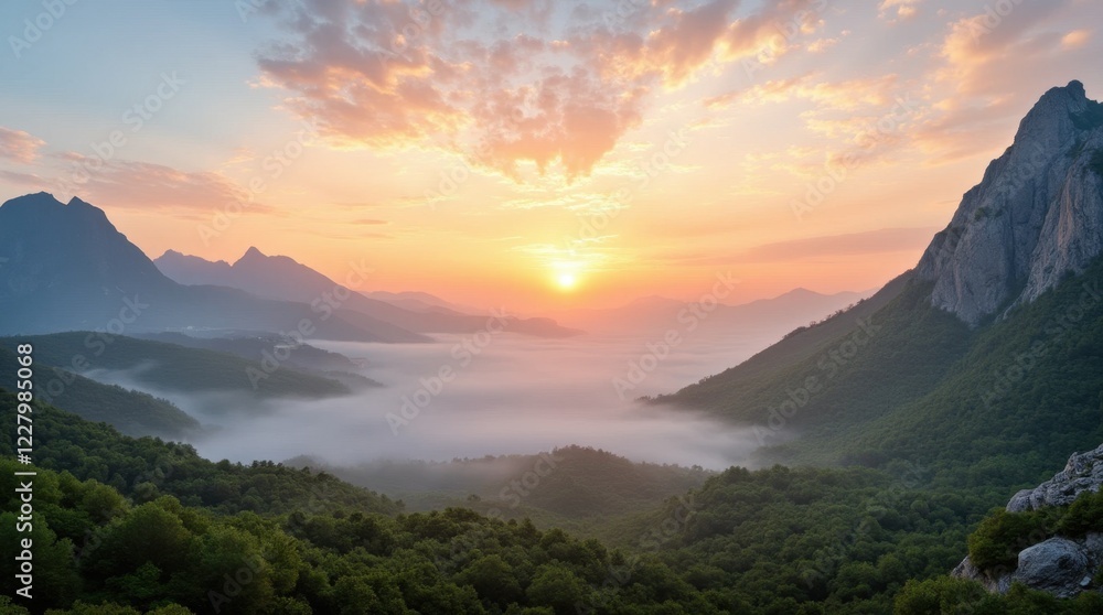 Obraz premium Misty Sunrise Over Green Valleys and Rugged Mountains