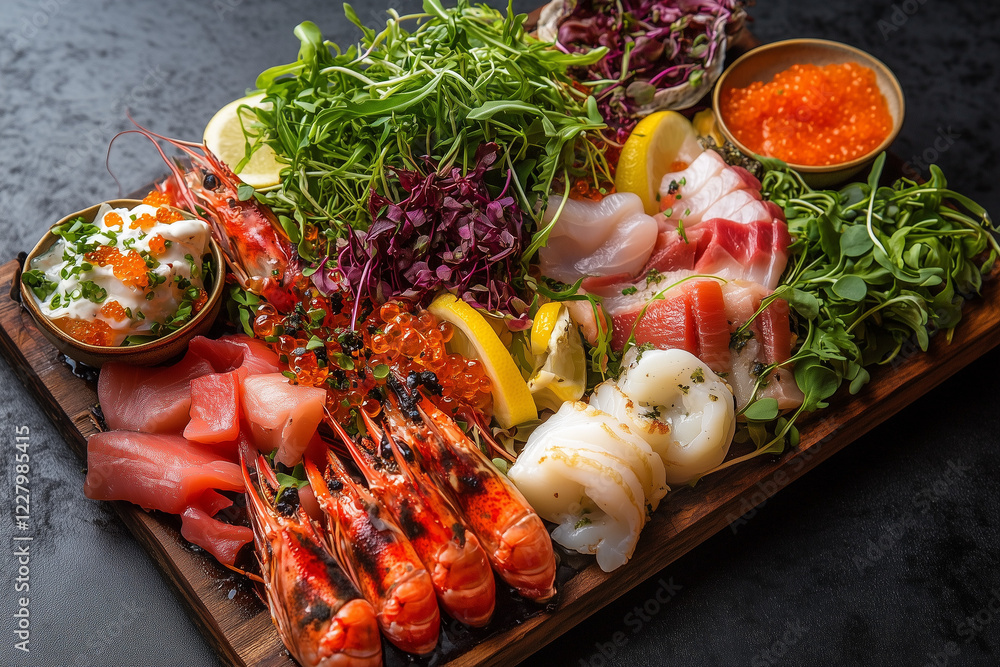 Elegant seafood platter with microgreens and vibrant garnishes, presented for luxury menus and high-end dining experiences Elegant seafood platter with microgreens and vibrant garnishes, presented for luxury menus and high-end dining experiences