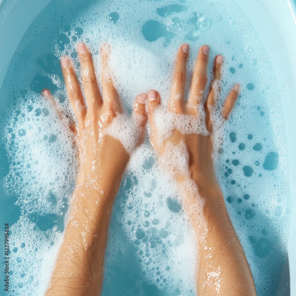 Fototapeta premium Serene Bathing Experience, individual immersed in soothing foam, tranquil blue backdrop, embodying relaxation and self-care moments.