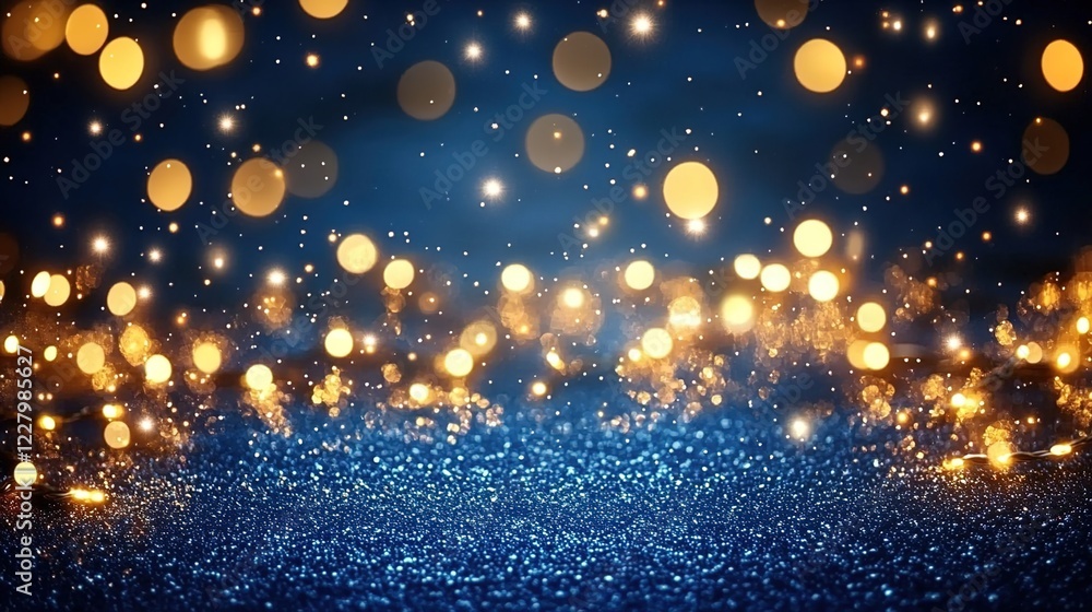 Obraz premium A dark blue background with golden lights and glitter, creating an enchanting atmosphere for the New Year's celebration.