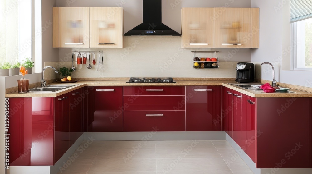 Fototapeta premium Modern Red Kitchen With Light Wood Cabinets