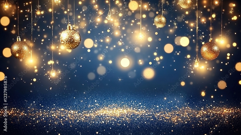 Obraz premium A dark blue background with golden lights and glitter, creating an enchanting atmosphere for the New Year's celebration.