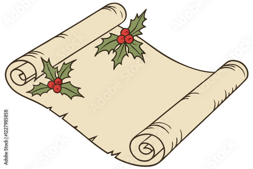 vintage parchment scroll, blank aged paper, Christmas holly decoration, red berries, green leaves, curled edges, antique document, festive holiday design, weathered texture, sepia tones, white backgro