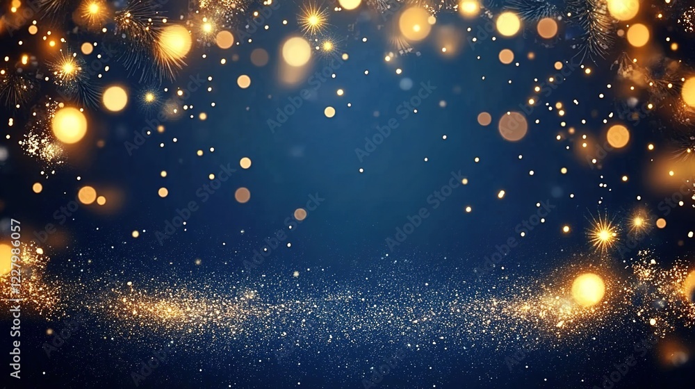 Obraz premium A dark blue background with golden lights and glitter, creating an enchanting atmosphere for the New Year's celebration.