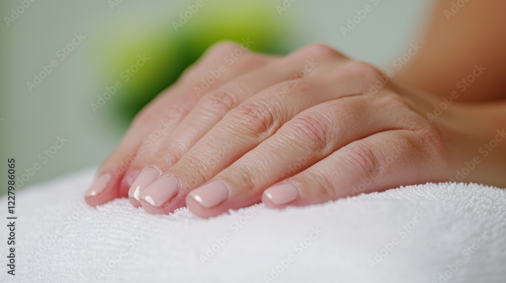 Close up view of a woman's hands resting on a white towel, showcasing light pink nails and slightly damp skin. Soft, warm lighting creates a calm and serene atmosphere. Close up view of a woman's hands resting on a white towel, showcasing light pink nails and slightly damp skin. Soft, warm lighting creates a calm and serene atmosphere.