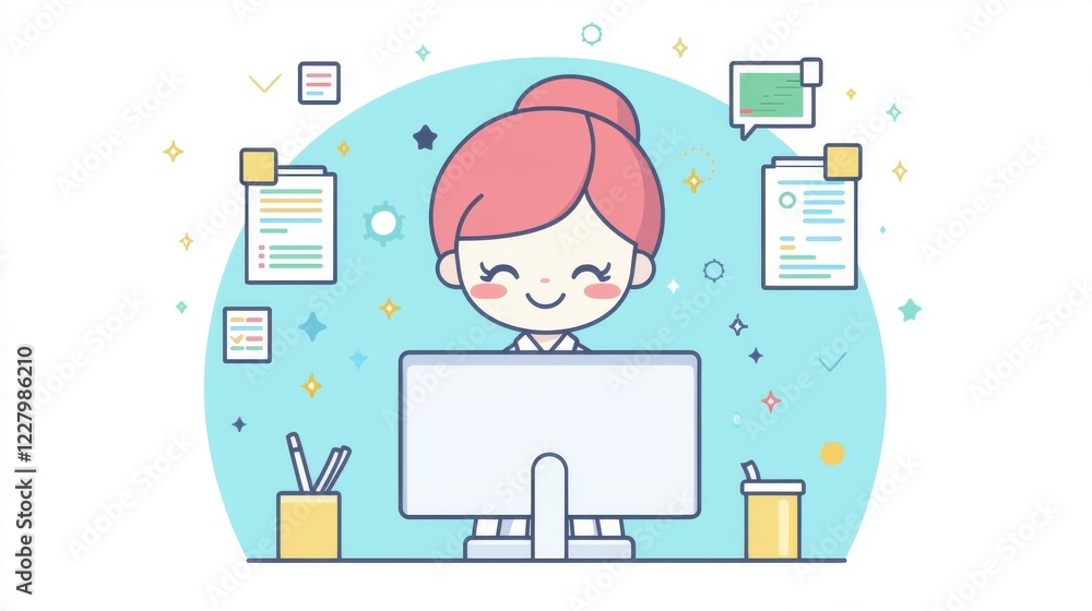 Cute kawaii employee, smiling while analyzing reports on a computer, Cute kawaii employee, smiling while analyzing reports on a computer,