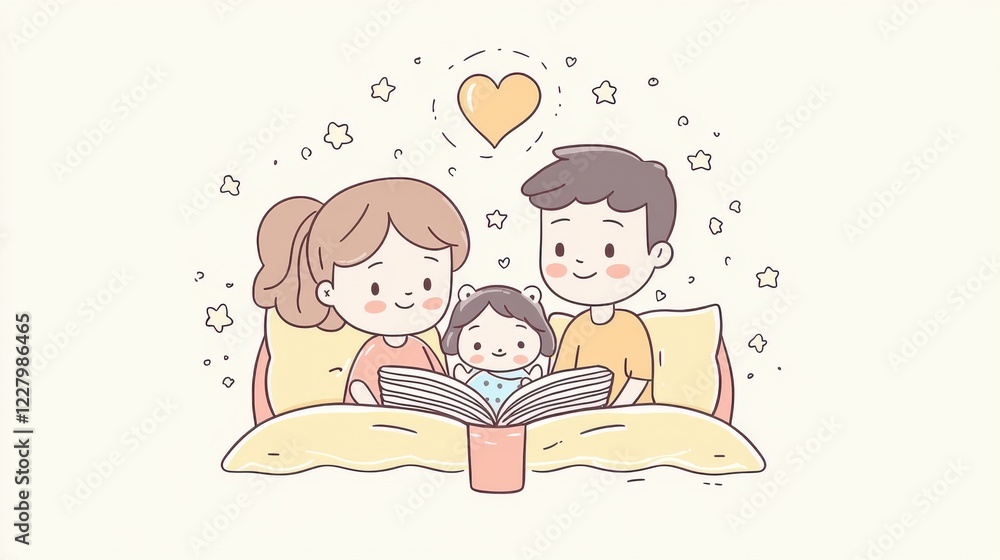 Family bedtime story, cozy and heartwarming, kawaii simple line Family bedtime story, cozy and heartwarming, kawaii simple line
